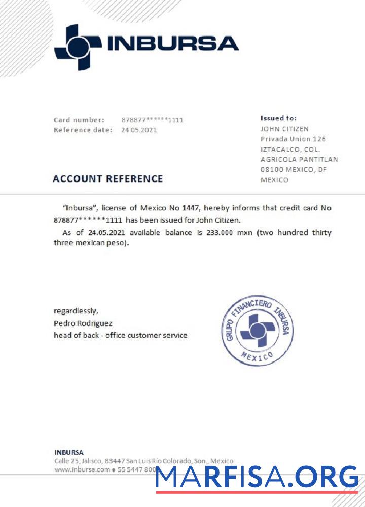 Realistic Mexico Inbursa Bank reference download for verification